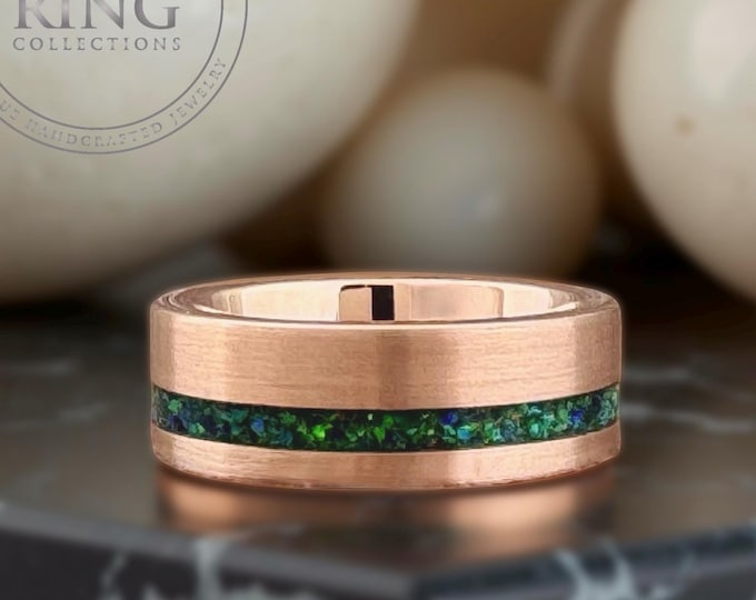 8MM Rose Gold Tungsten Carbide Ring Wedding Band with Green Opal for Men and Women, Perfect Gift for Him and Her on Anniversary and Birthday