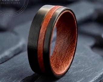 Black Tungsten Wedding Band with Rosewood Inlay Mens Wood Ring, 8MM Comfort Fit
