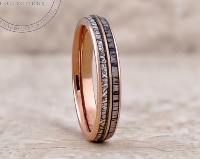 Rose Gold Tungsten Ring with Deer Antler and Meteorite Inlay Men Womens Wedding Band Unique Anniversary Gift