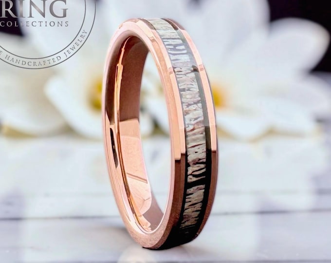 Thin Rose Gold Ring Deer Antler Inlay His Hers Engagement Tungsten Wedding Band