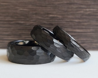 Zwarte gehamerde wolfraam trouwring voor mannen vrouwen, zwarte obsidiaan gehamerde ring mannen, zwarte ring voor mannen vrouwen, 8MM 6MM 4MM, halve maten