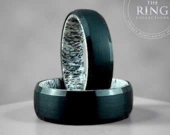 Black Tungsten Ring Wedding Band with Deer Antler Interior for Men and Women. Half Sizes available 4 to 15 in 6mm and 8mm.