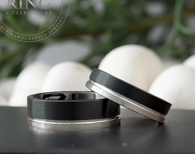 Black and Silver Tungsten Carbide Ring Wedding Band with Gray Groove for Men Women, Available in 6MM and 8MM. Half Sizes 4 to 15 available