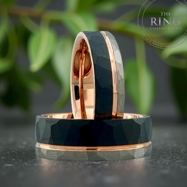 Hamrad volframvigselring, trefärgad ring svartgrå roséguldspår, bekväm passform