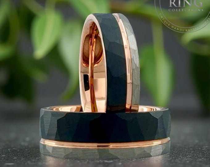 Hammered Black Silver and Rose Gold Tungsten Carbide Ring Wedding Band for Men Women, Available in 4mm 6mm 8mm and Half Sizes 4 to 15