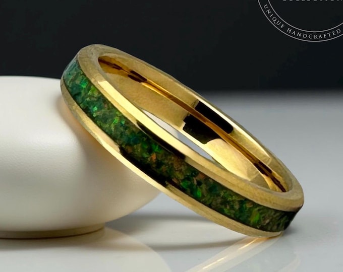 Gold Tungsten Ring, Thin 4mm Wedding Band, Crushed Light Green Opal Inlay
