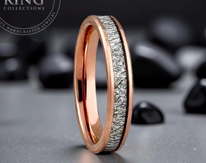 Thin Rose Gold Engagement Tungsten Ring Meteorite Inlay Men Women Wedding Band 4mm 6mm