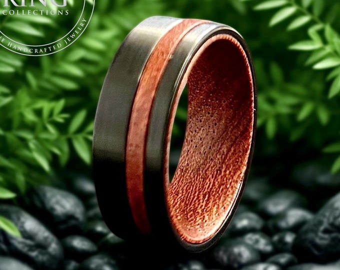 Black Tungsten Wedding Band with Rosewood Inlay Mens Wood Ring, 8MM Comfort Fit