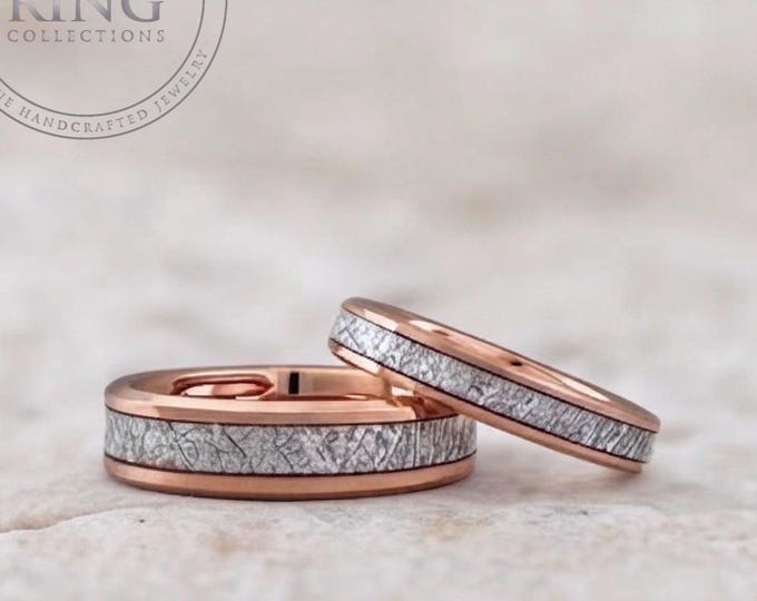 Rose Gold Wedding Bands with Meteorite Inlay Tungsten Ring for Men Women Unique Couples Ring