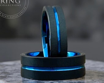Mens Black and Blue Tungsten Rings Womens Wedding Band 8MM 6MM Matching Anniversary Gift Engagement Rings
