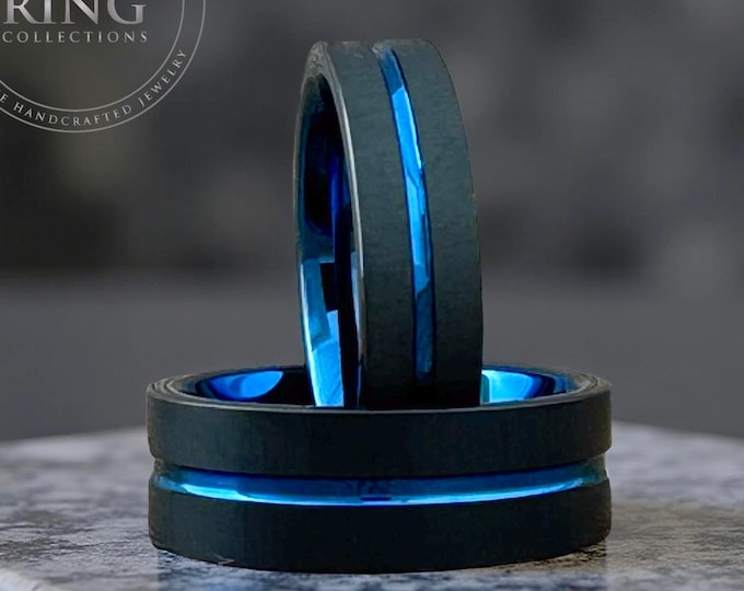 Mens Black and Blue Tungsten Rings Womens Wedding Band 8MM 6MM Matching Anniversary Gift Engagement Rings