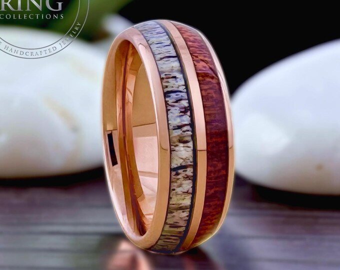 Rose Gold Tungsten Ring Wedding Band with Deer Antler and Koa Wood for Men and Women. Half Sizes available 4 to 15 in 4mm 6mm 8mm.