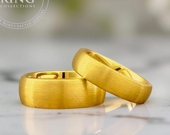 Brushed Gold Tungsten Carbide Ring, Couples Wedding Band Set