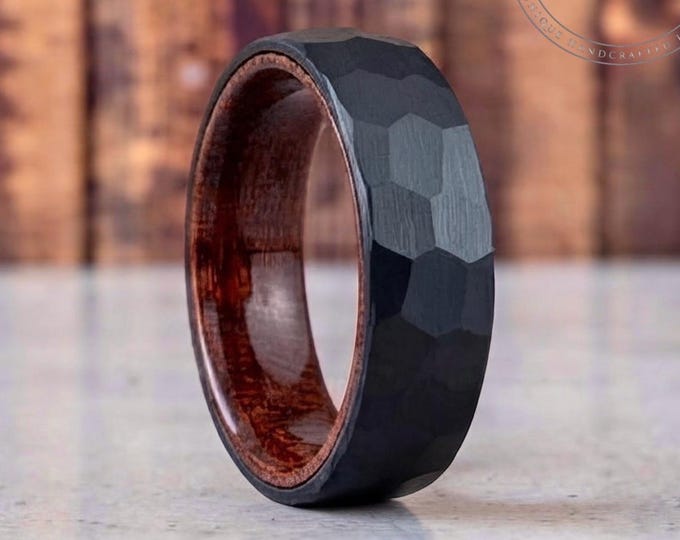 Black Hammered Tungsten Carbide Ring Wedding Band with Rosewood Interior for Men Women, Available in 4mm 6mm 8mm