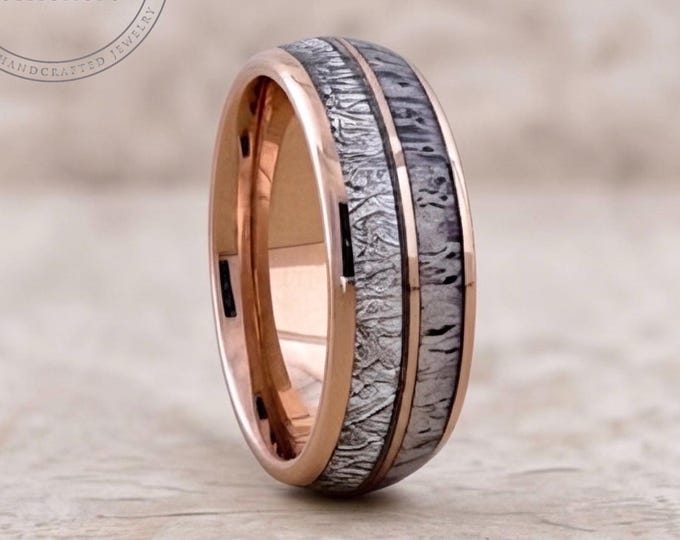 Deer Antler Meteorite Rose Gold Tungsten Band Ring for Men Women, Rose Gold Wedding Band, Tungsten Ring Band, Meteorite Deer Antler Inlay