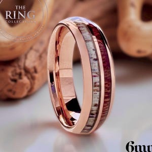 Rose Gold Tungsten Anniversary Band with Deer Antler and Koa Wood Inlay Ring