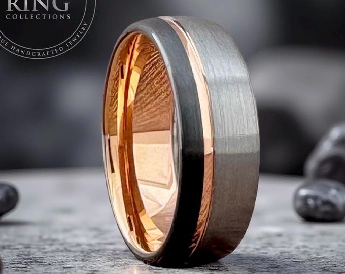 Rose Gold Tungsten Ring Black Silver Gray Wedding Engagement Band with Groove Comfort Fit Design