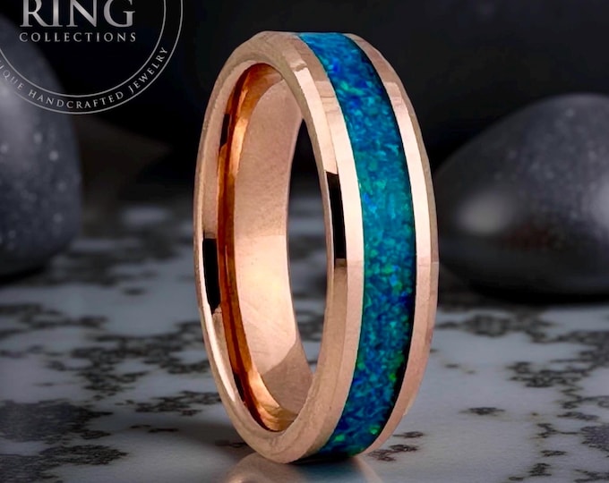 Rose Gold Tungsten Opal Ring Wedding Band, 6mm, Rose Gold Tungsten Wedding Band, Green Opal Ring Wedding Band for Men Women, Tungsten Opal