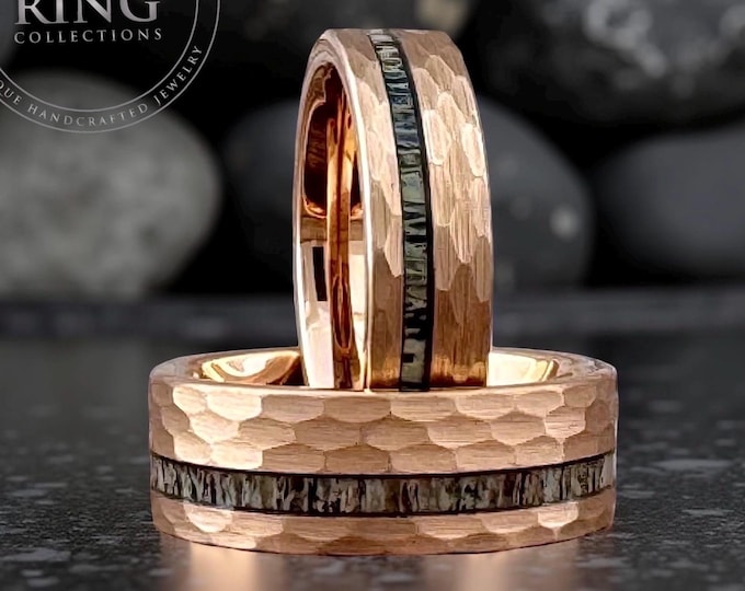Hammered Rose Gold Women Men Wedding Bands Deer Antler Tungsten Ring Set