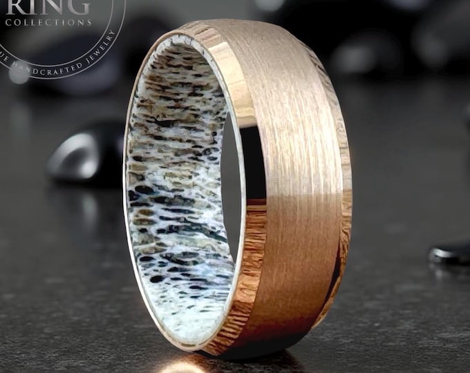 Rose Gold Tungsten Ring Deer Antler Inside Mens Wedding Band Womens Beveled Ring 8mm 6mm
