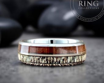 Silver Tungsten Ring Men Women Wedding Band with Deer Antler and Wood Inlay 8mm Engagement Proposal