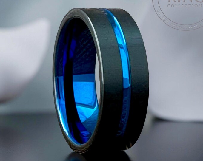 Blue Tungsten Ring Black Brushed Wedding Engagement Band For Men, Husband Anniversary Gift