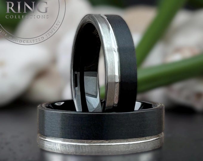 Black and Silver Tungsten Carbide Ring Wedding Band with Gray Groove for Men Women, Available in 6MM and 8MM. Half Sizes 4 to 15 available
