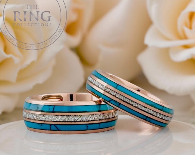 Rose Gold Turquoise and Meteorite Tungsten Ring Wedding Band for Men Woman. 8mm and/or 6mm in Sizes 5 to 15, half sizes available