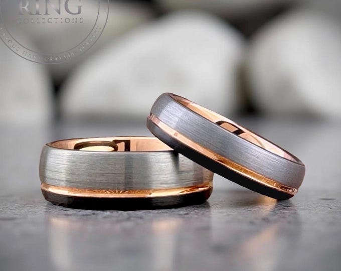 Matching Tungsten Wedding Bands Rose Gold Silver Black Ring Set with Groove His and Hers 6mm 8mm