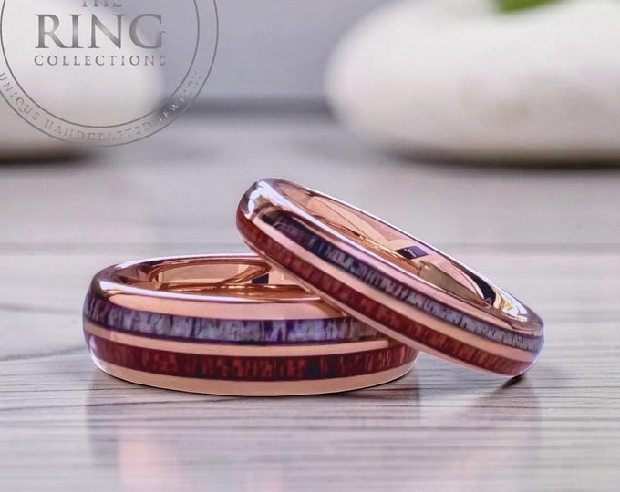 Rose Gold Wedding Band with Deer Antler and Wood Inlay, Men Women Rose Gold Tungsten Ring, Deer Antler Ring, Wooden Couple Anniversary Ring