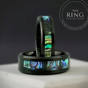 Black Tungsten Ring with Natural Abalone Inlay, Black Wedding Band Ring for Men Women, Black Ring for Men, Abalone Wedding Band Ring 8mm 6mm