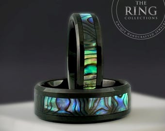 Black Tungsten Carbide Ring Wedding Band with Natural Abalone Shell Inlay for Men Women, Sizes 5 to 15, Half Sizes Available