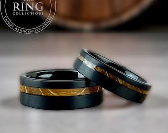 Whiskey Barrel Wood Black Tungsten Ring for Men Women Unique Wedding Band Set 8mm 6mm Comfort-Fit Ring