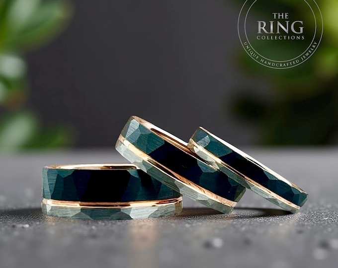 Hammered Black, Silver and Rose Gold Tungsten Carbide Ring Wedding Band for Men Women, Available in 4mm 6mm 8mm and Half Sizes 4 to 15