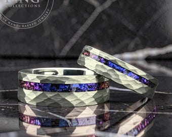 Hammered Grey Tungsten Ring with Orion Nebula Alexandrite Inlay, Color‑Shift Galaxy Men Wedding Band, Her Anniversary Gift