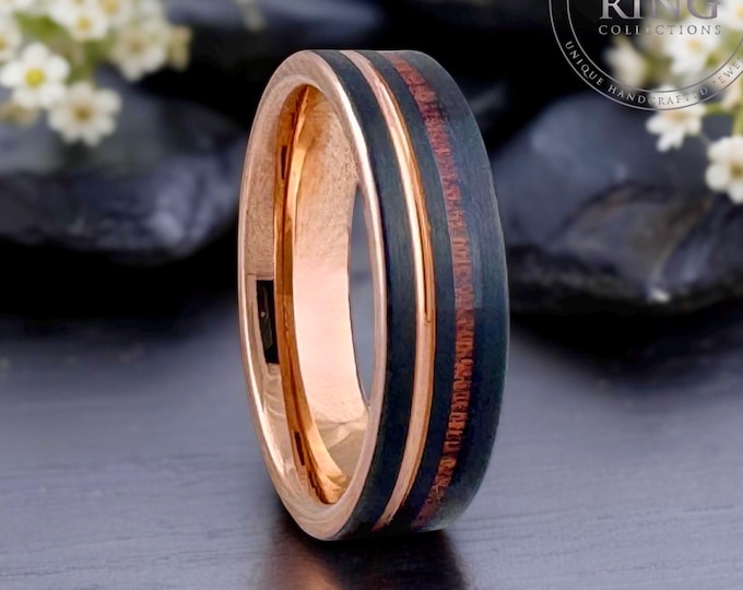 Rose Gold Black Tungsten Ring 6mm Wood Wedding Band with Groove Men Engagement Rings Anniversary Mother Day Gift