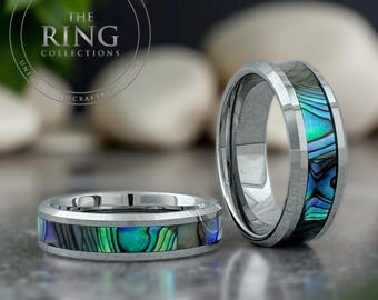 Silver Turquoise Tungsten Ring Wedding Band for Men Women, Silver Finish. Available in 4MM 6MM 8MM, Sizes 4 to 15 (half sizes available).