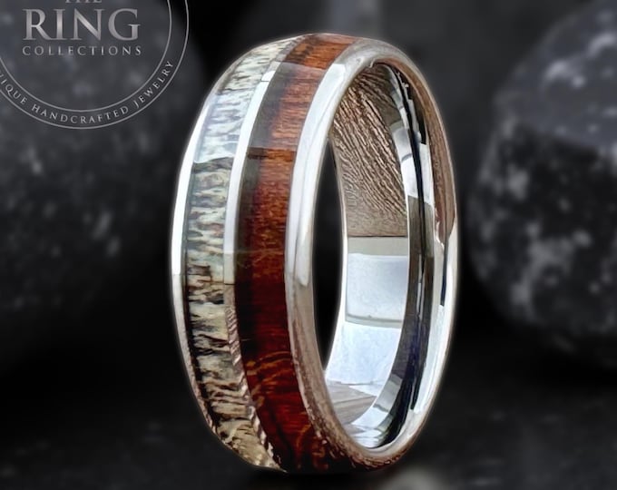 8mm Silver Gray Deer Antler and Koa Wood Ring Wedding Band for Men Woman, Sizes 5 to 15 with half sizes available.