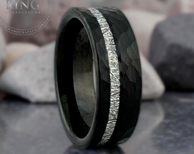Black Forged Hammered Tungsten Ring With Meteorite Inlay Mens Womens Wedding Band