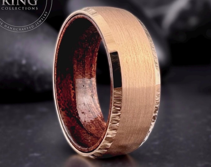 Wood Ring for Man, Rose Gold Tungsten and Wood Wedding Band, Wooden Engagement Ring, Unique Man's Wedding Ring