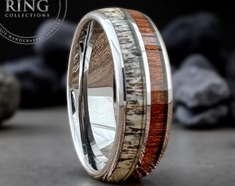 8mm Silver Gray Deer Antler and Koa Wood Ring Wedding Band for Men Woman, Sizes 5 to 15 with half sizes available.
