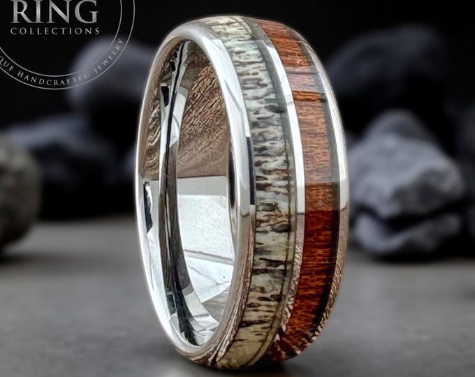 8mm Silver Gray Deer Antler and Koa Wood Ring Wedding Band for Men Woman, Sizes 5 to 15 with half sizes available.