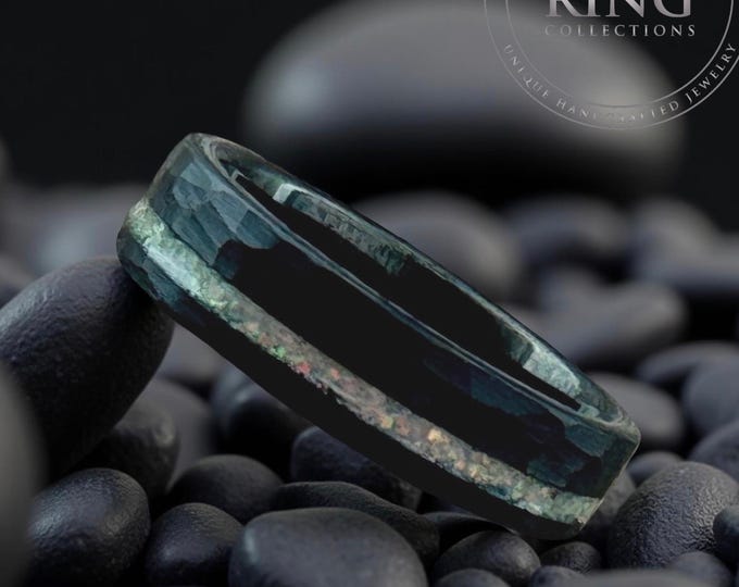 Hammered Black Tungsten Ring with White Opal Crushed Inlay, 6mm Men Women Wedding Band