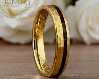 Thin Hammered Yellow Gold Tungsten Ring, Koa Wood Inlay, Comfort Fit Wedding Band