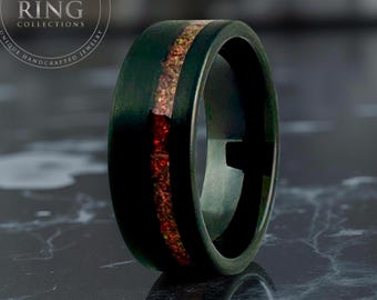 8MM Black Tungsten Carbide Ring Wedding Band with Red Opal for Men and Women, Perfect Gift Him and Her on Anniversary, Birthday, Christmas