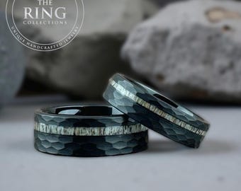 Black Tungsten Hammered Ring, 6MM 8MM, Wedding Band, Black Hammered Ring for Men, Deer Antler Tungsten Ring, Comfort Fit, Wedding Band Men