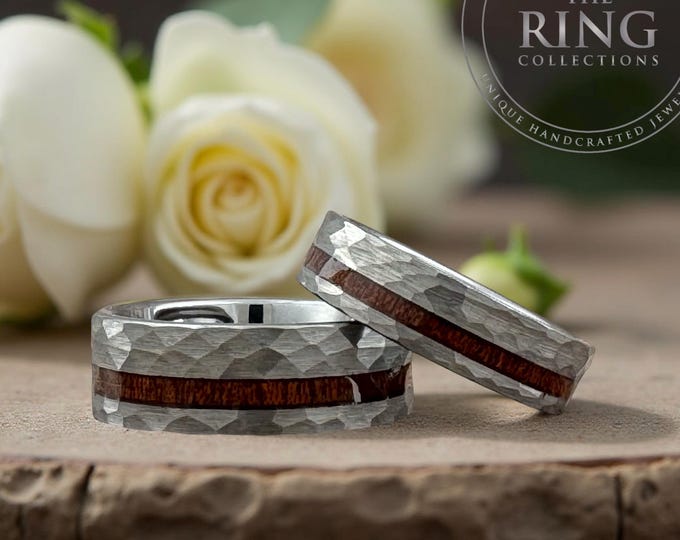 Hammered Gray Tungsten Ring: Koa Wood Inlay Men Women Wedding Band