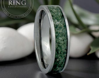 6MM Moss Agate Tungsten Carbide Ring Wedding Band for Men Women, Silver Wedding Band, Green Moss Agate, Couples Wedding Band, Fathers Day