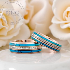 Turquoise Ring Wedding Band for Men Woman, Meteorite Turquoise Tungsten Ring, Rose Gold Couple Rings, Anniversary, Engagement, Proposal