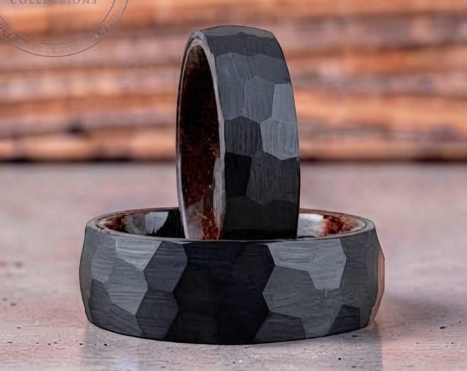 Black Hammered Tungsten Carbide Ring Wedding Band with Rosewood Interior for Men Women, Available in 4mm 6mm 8mm